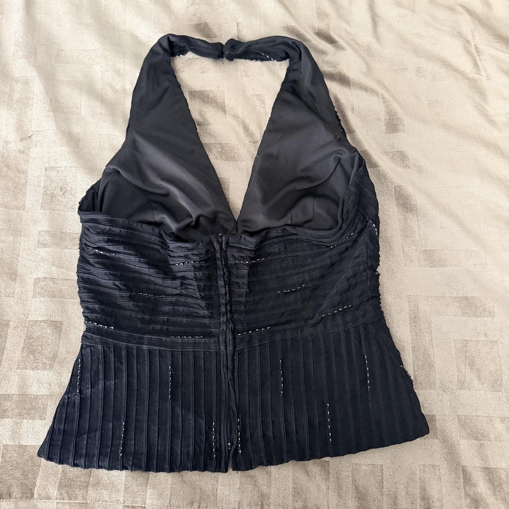 VTG Y2K Cache Tank Top Womens 8 Black Beaded Halter Camisole Chiffon Lined Party - Picture 2 of 13